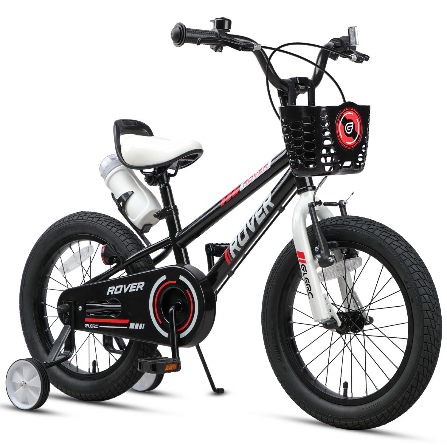 Kinderfahrrad 16 Zoll, schwarz, mit Stützrädern, Korb und Wasserflasche