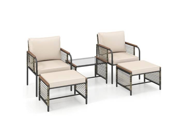 GIANTEX Salon de Jardin 5 Pièces en Rotin avec 1 Table Basse en Verre Trempé 2 Chaises 2 Ottomanes et Coussins Beige