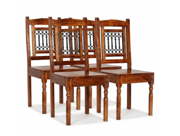 Esszimmerstühle aus massivem Akazienholz, 4 Stück mit Details Tropisches Hartholz, handwerkliche Verarbeitung, klassischer Stil, stabiler Sitz, täglicher Gebrauch, Innendekoration, Möbel