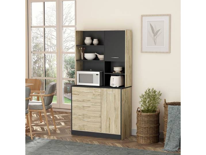 CollaHausse Meuble de Cuisine Compact 2 Placards 3 Tiroirs 3 Étagères Bois Chêne Clair 90x39x169 cm