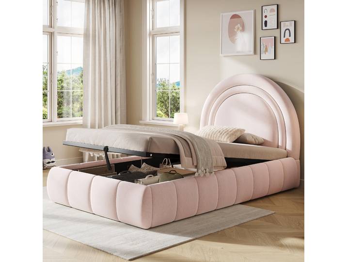 STILVORA Polsterbett 90x200 cm mit hydraulischem Stauraum und Lattenrost, Funktionsbett mit gepolstertem Kopfteil, Einzelbett aus Bouclé Kinderbett Rosa