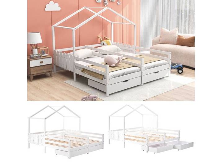 lit enfant 90x200cm lit double avec sommier à lattes lit cabane enfant 2 places 90x200cm avec 2 tiroirs Pin lit 2 personnes blanc