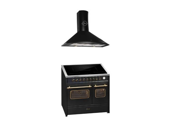 GURARI Induktions-Standherd E 913 DF RU BL+GCH 046 Bl 9, Retro Elektro Standherd 90 cm+ Dunstabzugshaube 90 cm