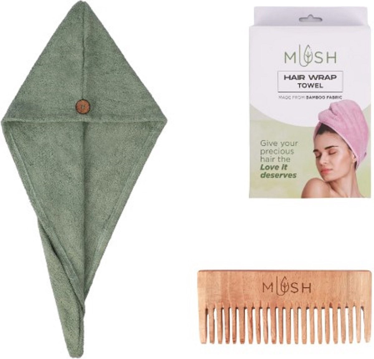 Haarhanddoek Hair Wrap Towel met kam van bamboe - Olijfgroen