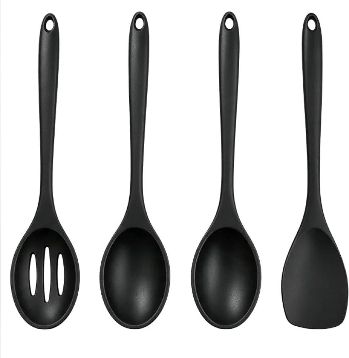PromoHome Set van 4 hittebestendige siliconen keukellepels, zwart, vaatwasmachinebestendig