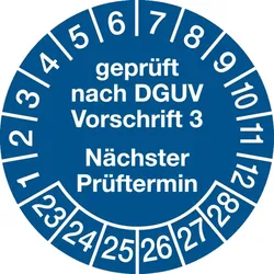 Prüfplakette ab 27, DGUV Vorschrift 3 Nächster Prüftermin, Jahresfarben, Folie - Bogen = 10 Plaketten - 30 mm Folie selbstklebend