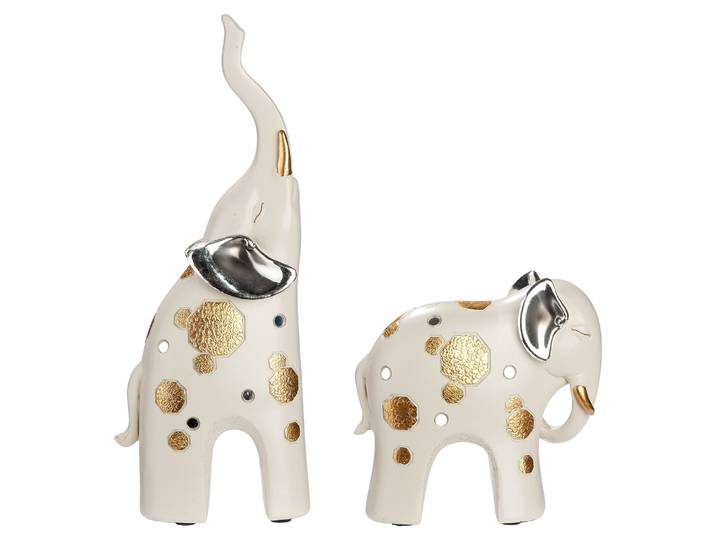 Skulptur GILDE 2tlg. Set Figur Elefant Midas weiss , gold (creme), B:23,5cm H:32cm T:6,5cm, Kunstharz, Dekofiguren, Skulptur, Tierfigur Glückssymbol Dekoelefant elegantes Design Ethno-Stil