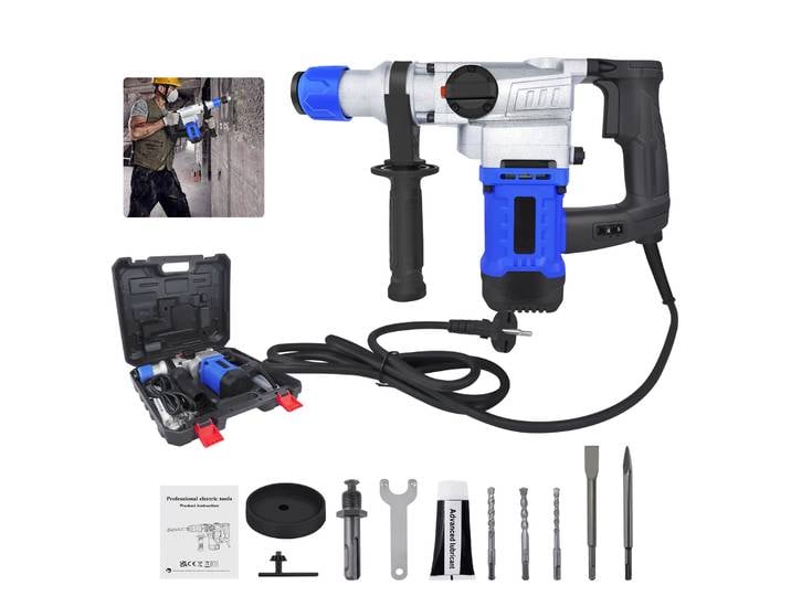 Marteau perforateur électrique multifonctionnel à 6 vitesses, perceuse à percussion filaire avec mèches SDS Plus, forets et coffret