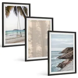 BILDER SET 3er Set - 40x60 cm Schwarzer Rahmen - Sommerlicher Sandstrand mit Meerblick