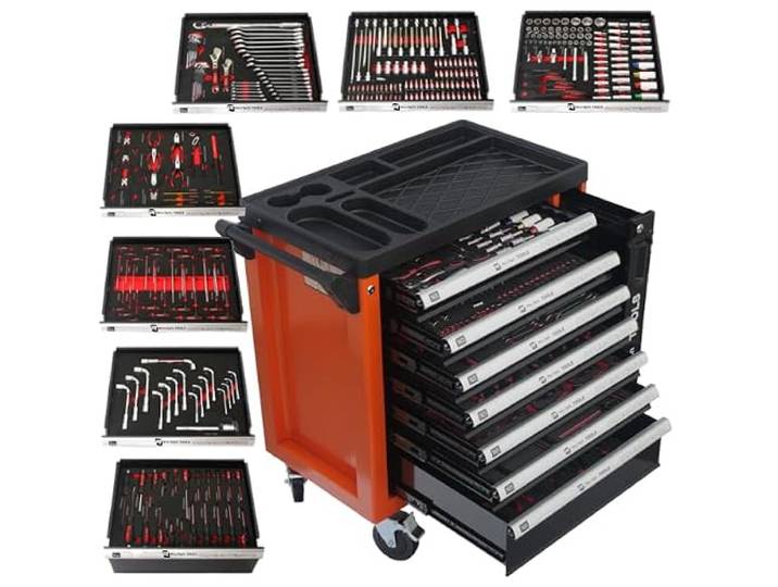 Pro-Tech TOOLS Montagewagen mit Werkzeug 7 Schubladen mit ausziehbarem Regal 298 Stück 14010