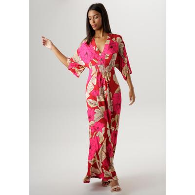 Sommerkleid ANISTON SELECTED, Damen, Gr. 36, N-Gr, bunt (rot, beige, pink), Single Jersey, Obermaterial: 95% Viskose, 5% Elasthan, bedruckt, geblümt, lässig geschnitten lang, V-Ausschnitt, weit, Kleider Sommerkleid, mit großflächigem Blüten- und...