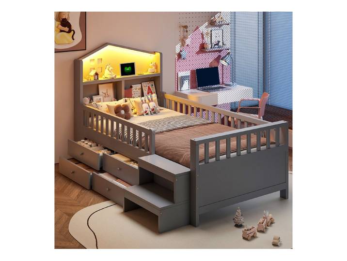 OKWISH Kinderbett Stauraumbett Holzbett (mit Sicherheitsgitter, vier Schubladen & LED-Leuchten, 90x200 cm), ohne Matratze