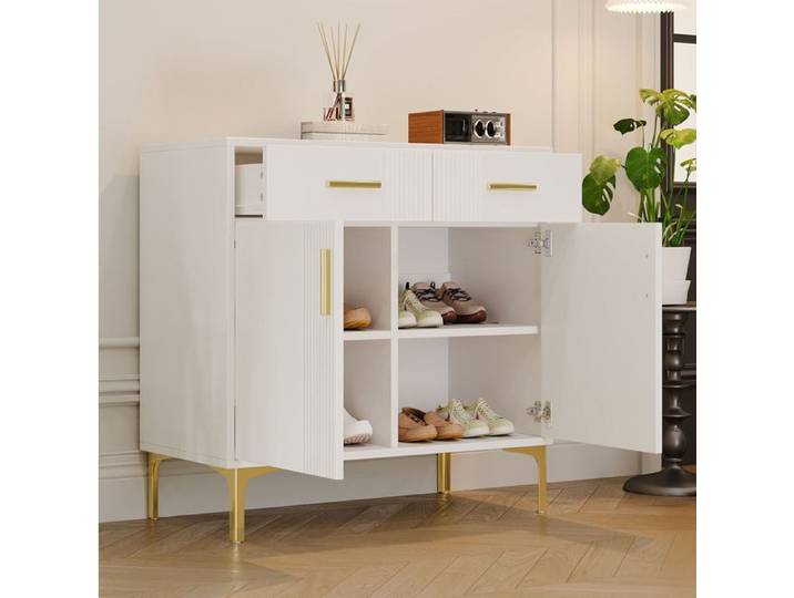 Buffet blanc à 2 portes et 2 tiroirs avec façade rainurée