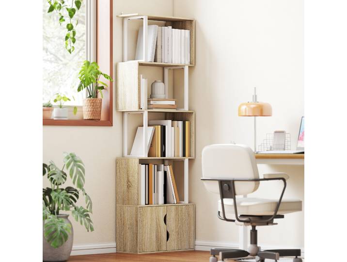 HOMCOM Bibliothèque 5 Niveaux Bois Naturel avec Placard