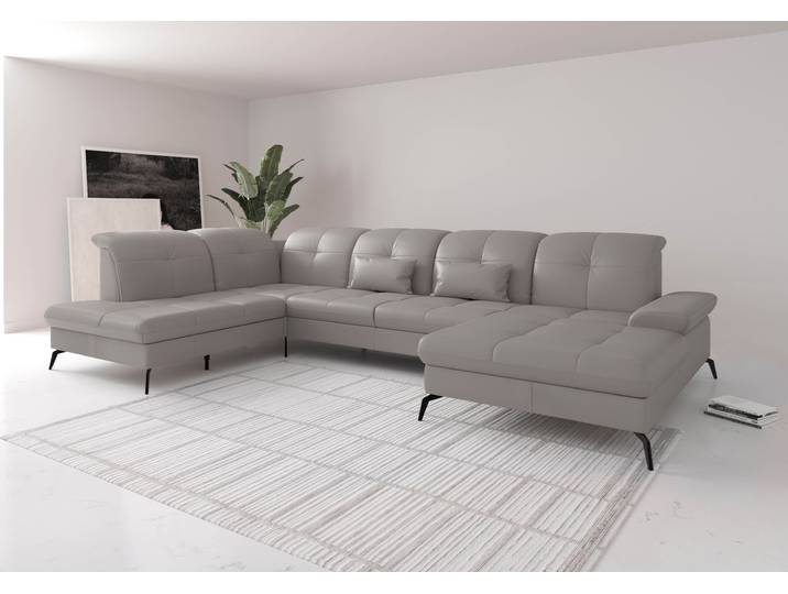 Wohnlandschaft, Naturleder, Light Grau, 357×231 cm, U-Form, Sitztiefenverstellung, sit&more