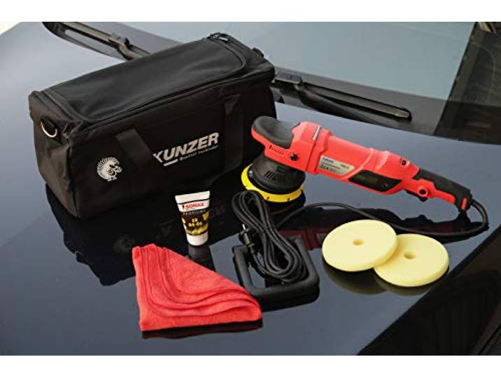 KUNZER 7PME15 Exzenter-Poliermaschine 950W inkl. 125mm Klettteller 2 Schwammaufsätzen, Tasche mit Bügel- / Haltegriff, Gummikabel-Länge, Metern, Stütztellerwechsel, Auto-Politur