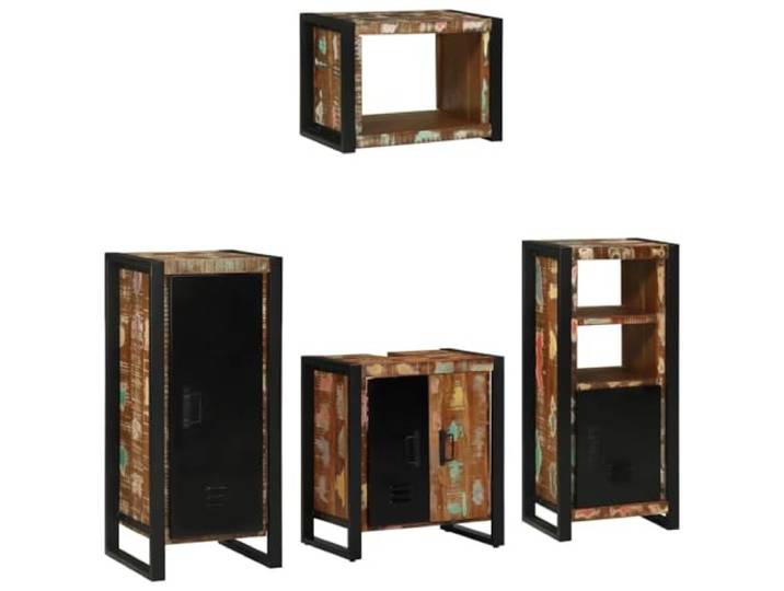 Badezimmermoebel-Set 4 Stueck Mehrfarbig und Schwarz mit Holz und Eisen 2 Standschraenke, 2 Wandschrank-Einheiten, Holztueren, Eisenelemente, moderne Optik, pflegeleicht