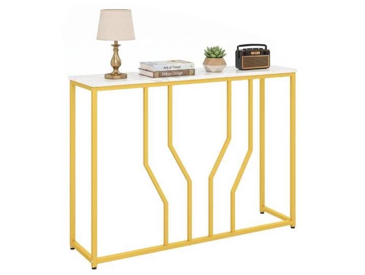 Table Console Étroite - COSTWAY - 110×30×80cm 100kg Kit Anti-Basculement Patins Réglables Montage Facile Blanc Doré