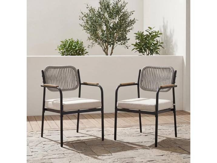 Ya-Home Lot de 2 Chaise Jardin Exterieur avec Pieds Métal Fauteuil Jardin avec Dossier en Corde Tressée pour Terrasse Balcon Beige