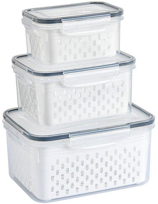 Set van 3 luchtdichte en lekvrije koelkastcontainers van plastic en silicone, transparant en multicolor, BPA-vrij