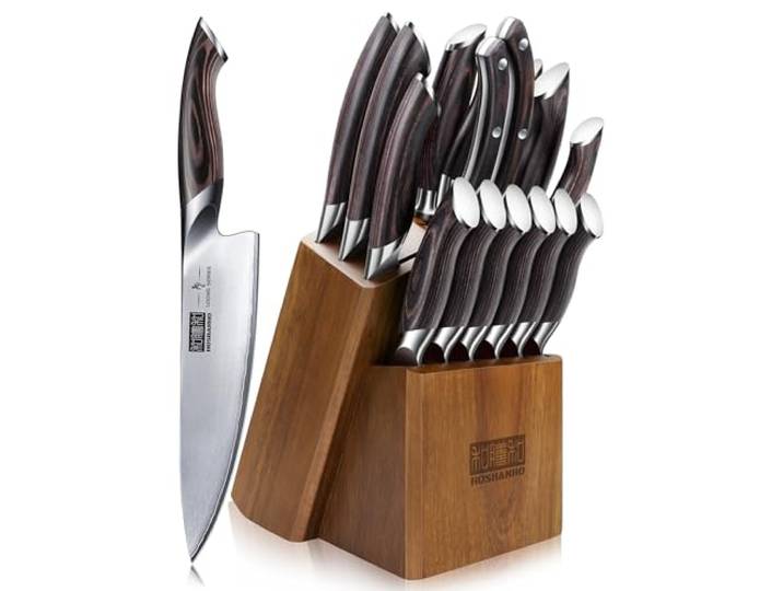 HOSHANHO Messerblock Set mit 16-TLG, Kochmesser Set Ultrascharfes Messerset Multifunktionalen Küchenmesser Set aus Hochwertigem Edelstahl, Ergonomischer Pakkaholzgriff, mit Schärfer
