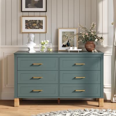 GDFStudio Caldrien Wood Six Drawer Dresser with Metal Handles and Solid Wood Legs