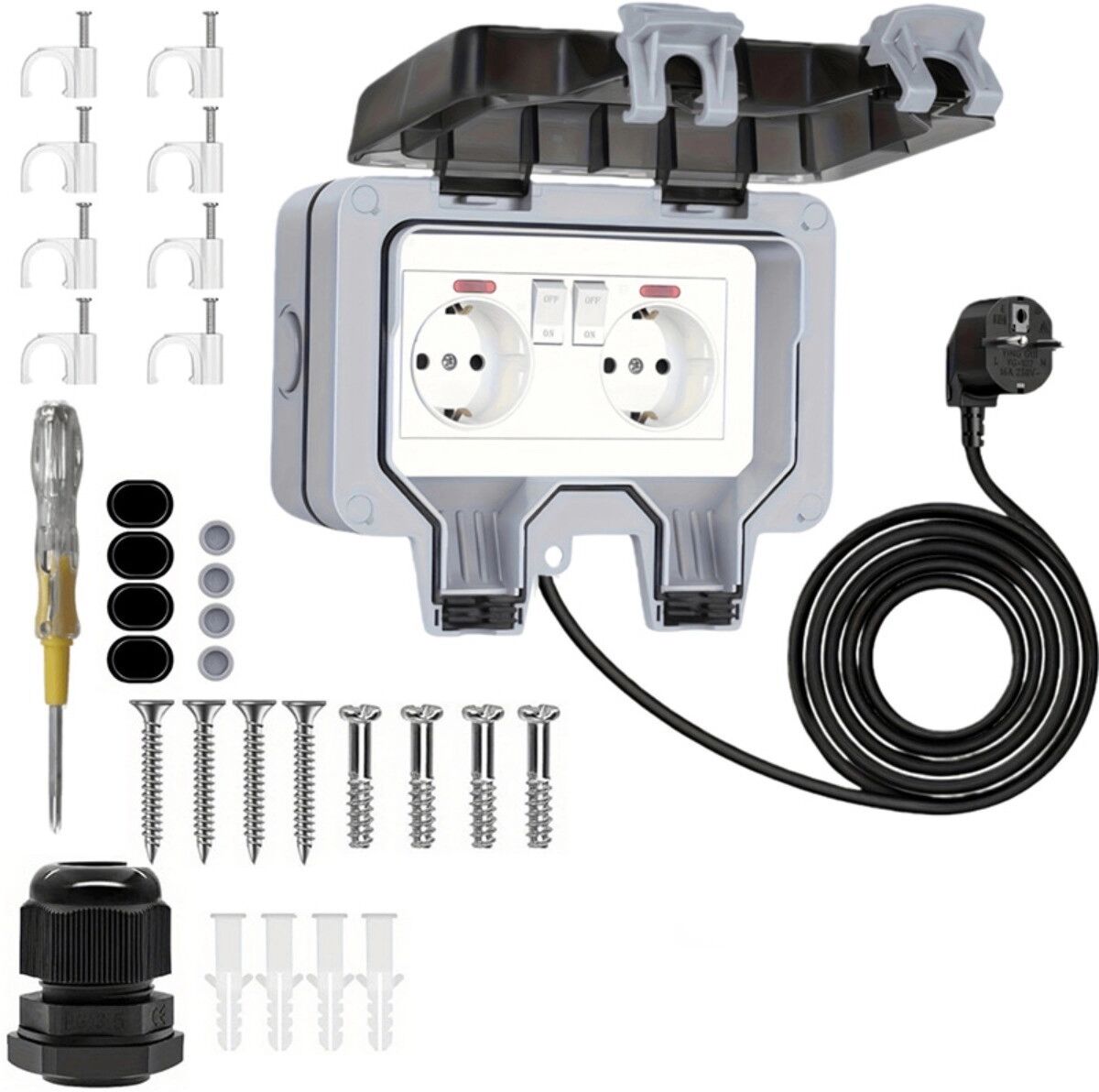 INF Boîtier prise extérieure étanche 2 modules avec cordon 3m - Gris PC+ABS, double prise style allemand avec interrupteurs