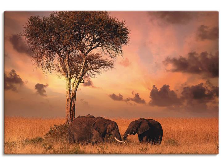 Leinwandbild ARTLAND Elefanten zum Abendessen , orange (farbe bild(er): orange), B:90cm H:60cm, Bilder, Leinwandbild, auf Holzrahmen gespannt