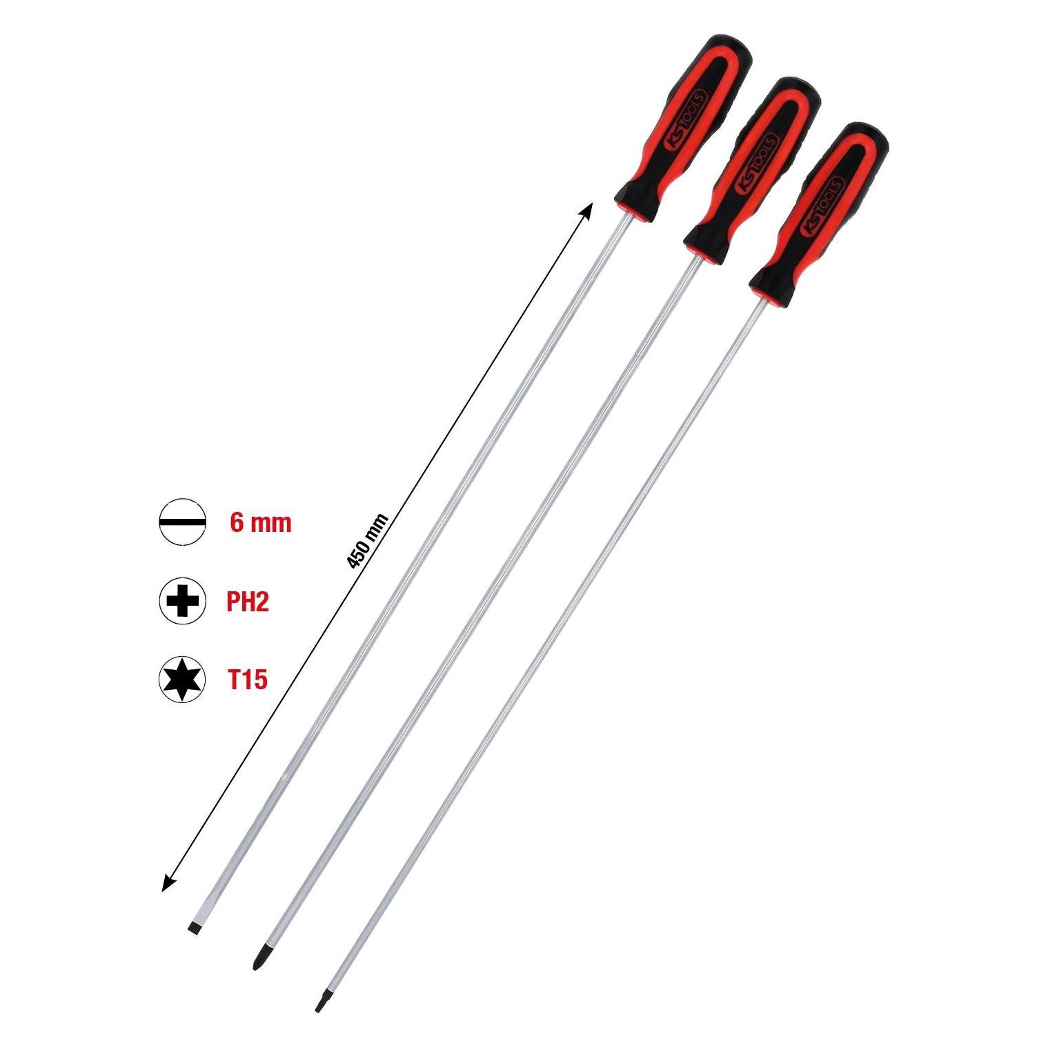 KS Tools - ERGOTORQUEplus Schraubendreher-Satz, Schlitz, PH, Torx, 3-tlg. extra lang (Schlitz) (159-1270)