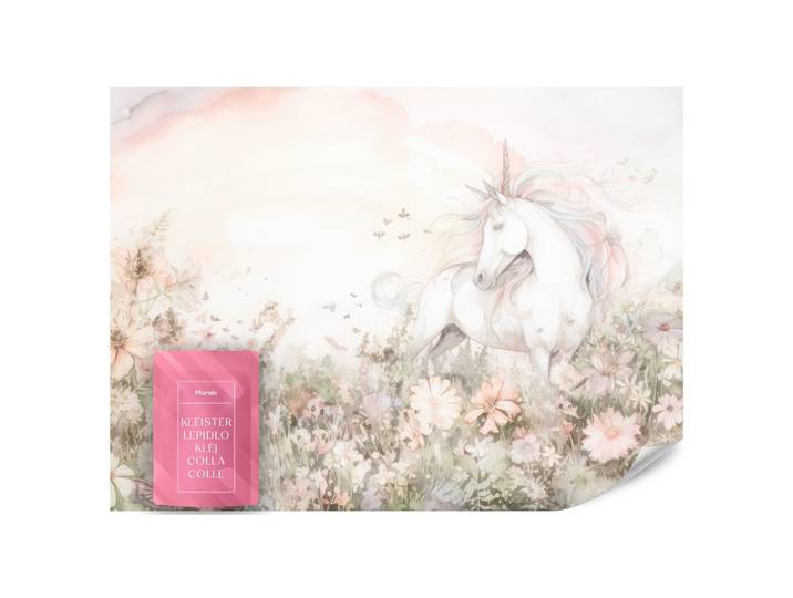 FOTOTAPETE für Kinder Einhorn Blumen Aquarell 200x140
