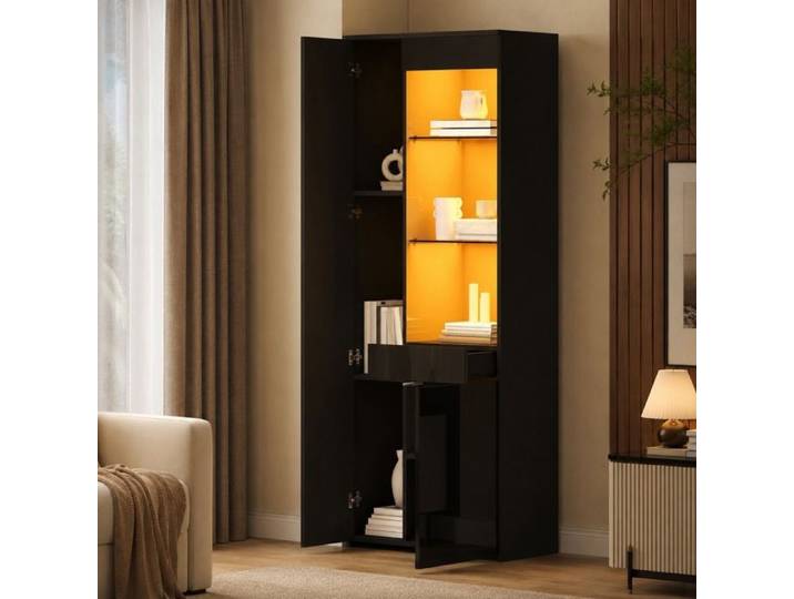 LEMONMAX Vitrine Brillante avec éclairage LED Vitrine Moderne avec tiroir et étagères de rangement 70x35x180cm Noir
