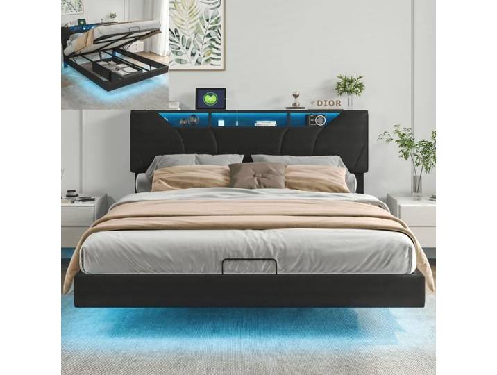 Lit coffre - SUNFECILI - Lit coffre 140x200 - PU noir - LED contrôlable par APP - Sommier inclus