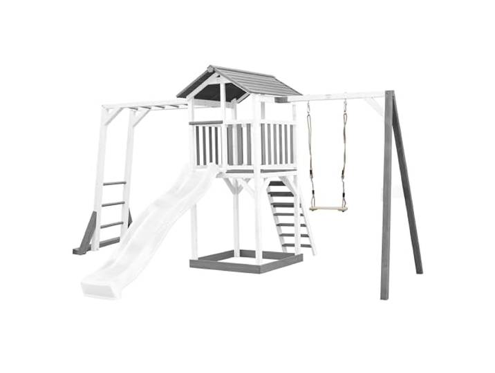 AXI Beach Tower Grau & Weiß mit Weißer Rutsche & Schaukel Spielplatz, Spielturm mit Sandkasten & Einzelschaukel & Klettergerüst, FSC Holz, Podesthöhe: 117,5 cm