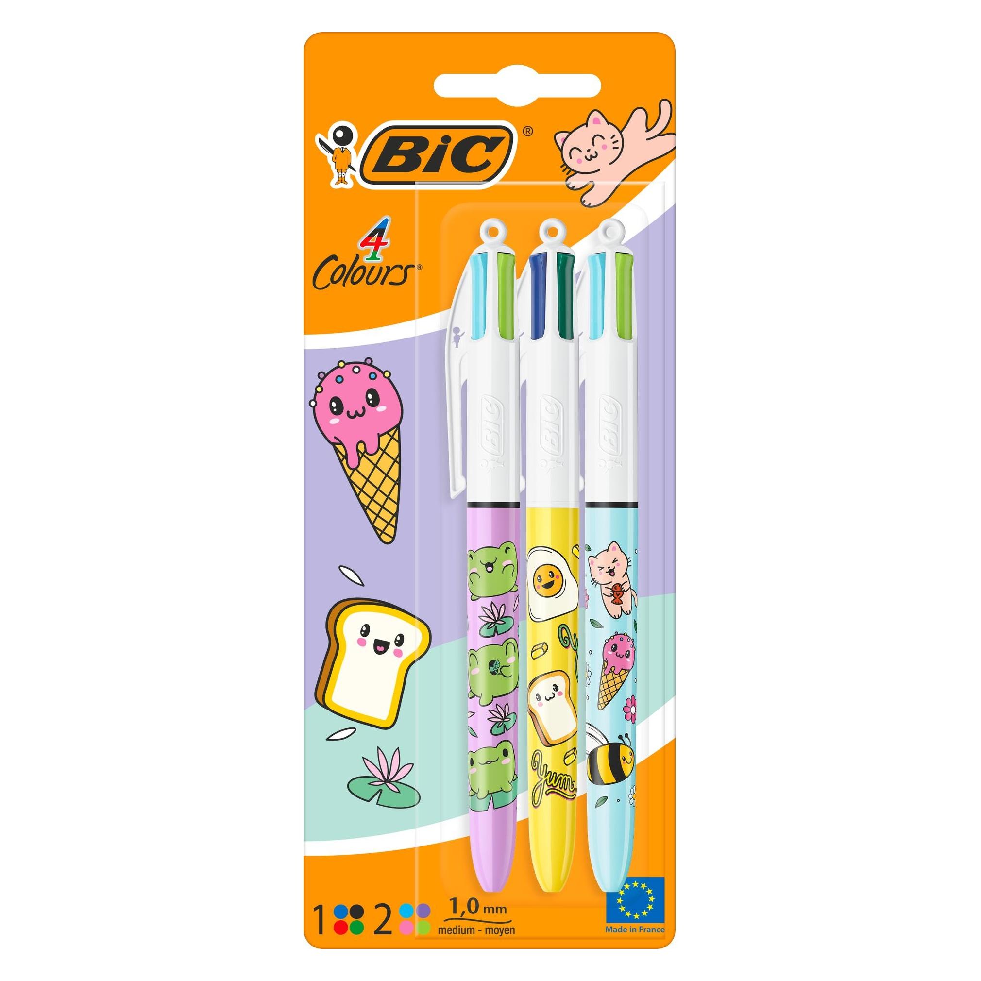 Bic Druckkugelschreiber 4 Colours Kawaii, 3er Blister Strichstärke: 0,32 mm, mit Kawaii-Motiven, farbig (3x) (5037711)