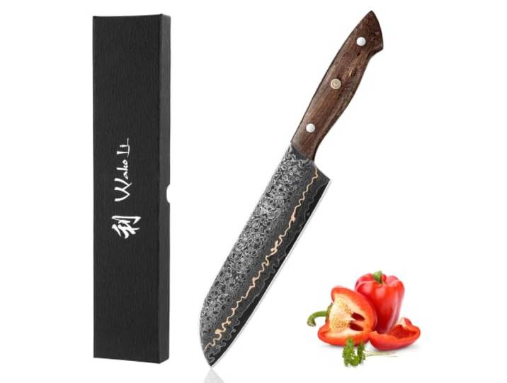 Wakoli Kawa Santokumesser 18 cm, 67 Lagen Damaststahl, VG10 Kern, Full Tang Kupfereinlage, massiver Ahornwurzelholzgriff, 15° V-Schliff beidseitig, 60±2 HRC, für Fisch, Fleisch und Gemüse, Geschenkbox.