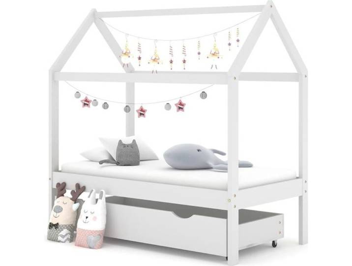 Lit BÉBÉ Enfant Style Cabane - OVONNI - Blanc - Bois massif - 70x140 cm - Avec tiroirs