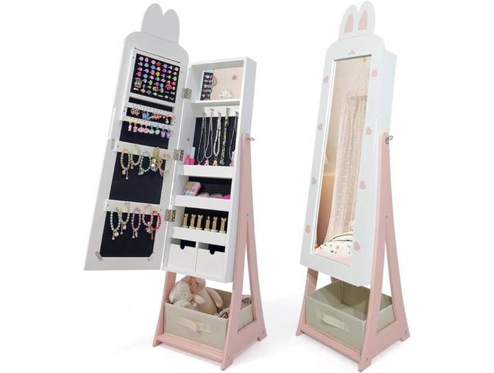 Armoire à Bijoux pour enfants avec Miroir Tiroir Crochets boîte de rangement Blanc