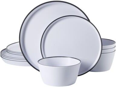 Gibson Home Folsom Shores 12 Piece Unbreakable Modern Melamine Plates and Bowls Dinnerware Set - White W/ Black Rim