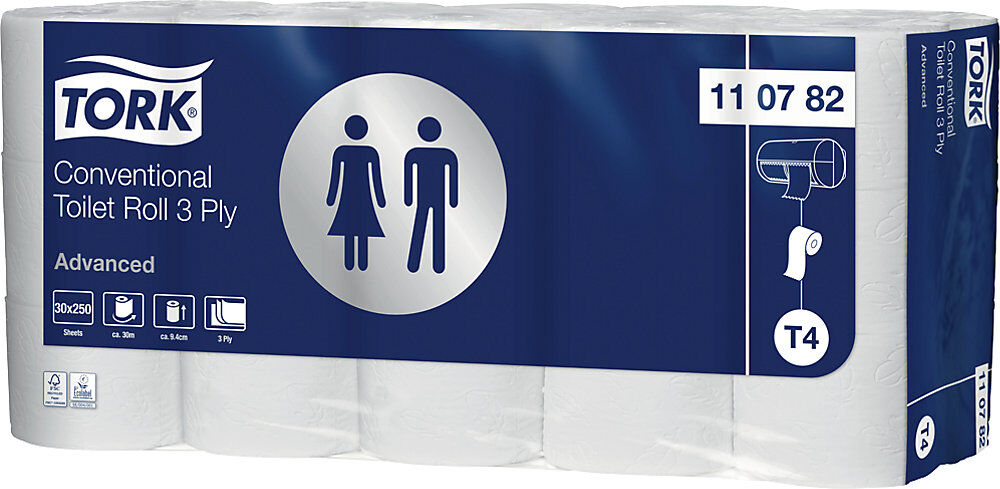 Toilettenpapier, Haushaltsrolle, Tissue, 3-lagig, weiß, VE 30 Rollen à 250 Blatt, ab 21 VE TORK