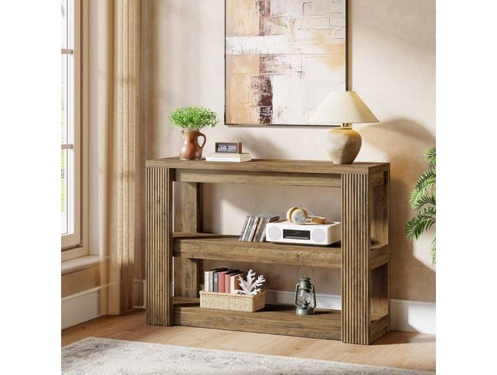 Finmind Table Console 105×30×80 cm Table Basse à 3 Niveaux à Placer Derrière Le Canapé Style Champêtre Marron Rustique
