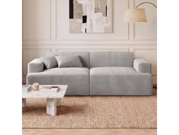 skølm Freki Cloud Couch aus Cord, 2-Sitzer, Grau, 2 Kissen, Vollschaumsofa Sofagarnitur, Vollschaumcouch mit Vakuum-Kompression, 230 cm breit, kein Aufbau erforderlich, Wohnzimmersofa, Polstersofa