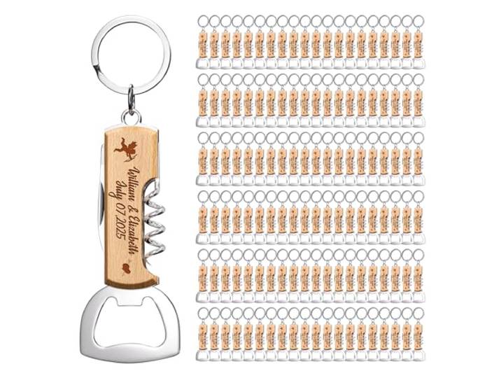 120 STÜCK Personalisierte Multifunktionale Holz Flaschenöffner, Maßgeschneiderte Gastgeschenke für Hochzeiten Geburtstagspartys, Gravierte Flaschenöffner-Schlüsselanhänger für Gäste