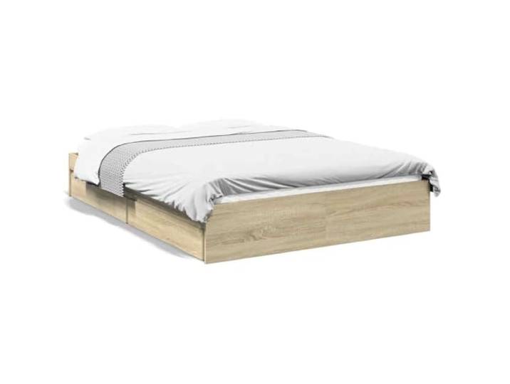 PUGYNBK Bett mit Schubladen, Holz, Sonoma-Eiche, 135 x 190 cm Lattenrost inklusive, integrierte Aufbewahrung, robust und stabil, Matratze nicht im Lieferumfang enthalten