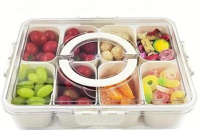 Uplifted Finds Divided Rotating Serving Tray With Lid Portable Snackle Box & Clear Snack Spinner For Fruits Veggies Charcuterie large 8 Grids