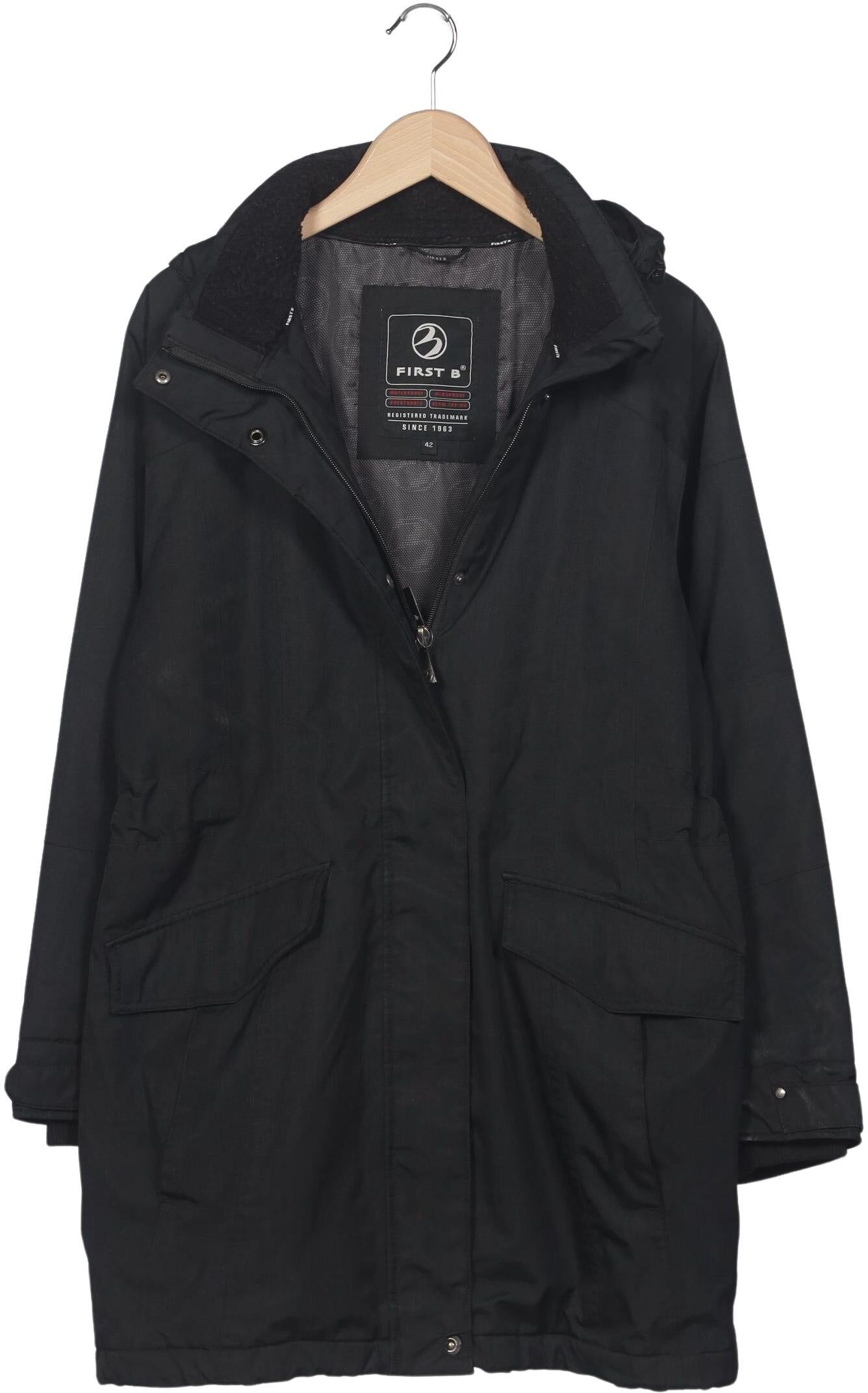 First B Damen Mantel, Schwarz, Gr. EU 42, Synthetik - Second Hand