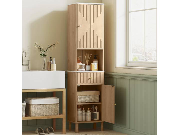 HOMCOM Armoire Haute Salle de Bain Chêne 168cm avec Tiroir