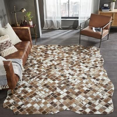 KALATY Pelle Leather Mosaic Squares Abstract-Edged Area Rug