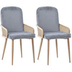 OKWISH Esszimmerstuhl 2er Set Samt Grau 90x43x42 cm im Rattan Design mit Metallbeinen Holzmaserungseffekt bis 150 kg stabil