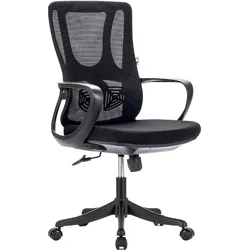 Ergonomischer Bürodrehstuhl, Sessel mit Armlehnen und Lendenwirbelstütze, wippbar und verstellbar, aus schwarzem Stoff