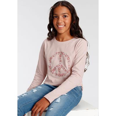 Langarmshirt KIDSWORLD "Peace", Mädchen, Gr. 128/134, rosa, Single Jersey, Obermaterial: 100% Baumwolle, bedruckt, Basic, Rundhals, abgesteppte Kante, Shirts Langarmshirt, Langarm, Basic-Passform, mit Statements/Sprüchen